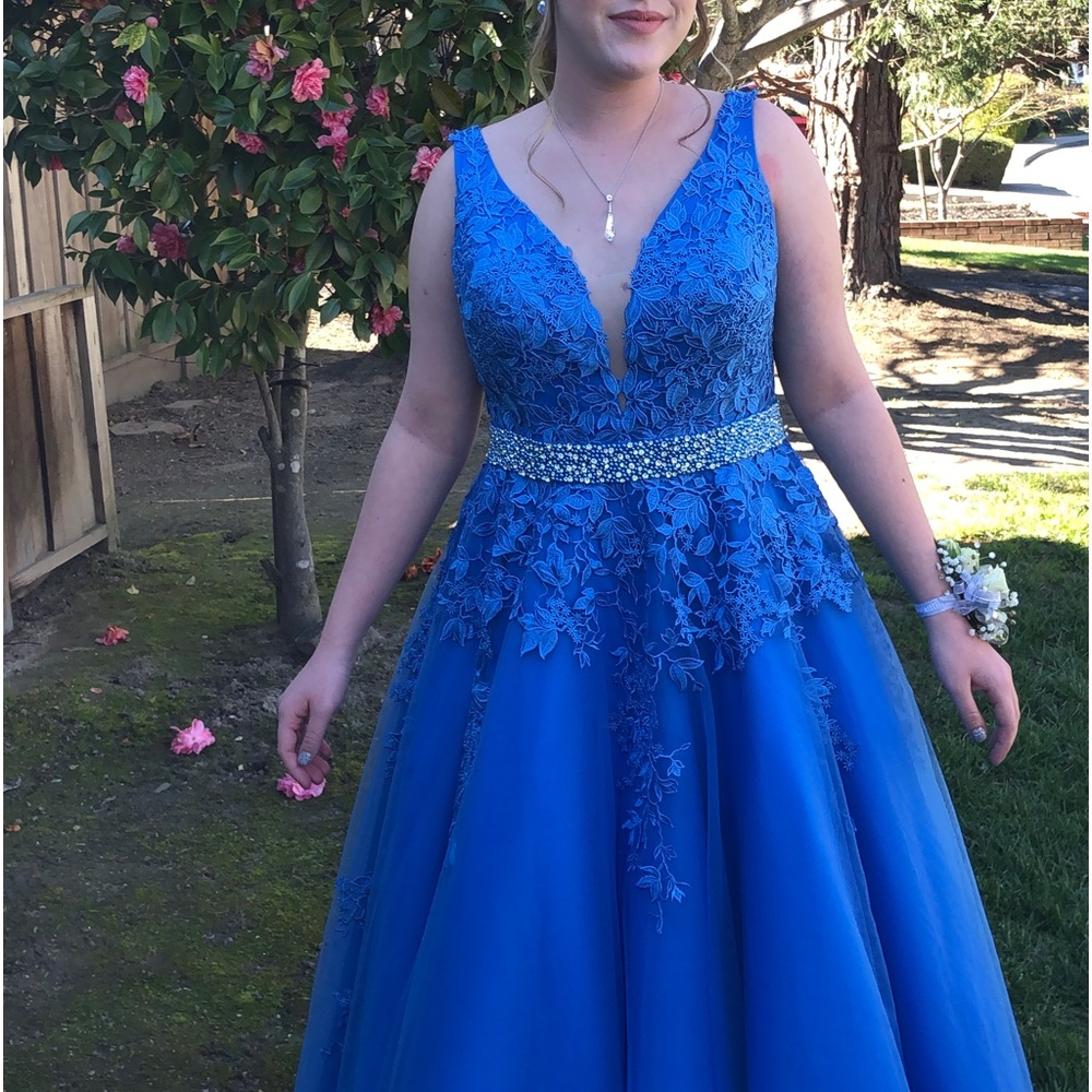 Elegant Blue Lace Evening Gown